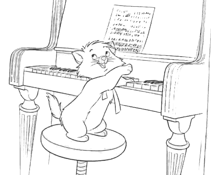 Coloriage des Aristochats avec une scène de chats dans un intérieur chaleureux