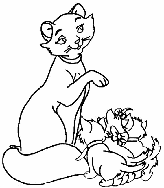 Coloriage des Aristochats : Duchess et ses chatons dans un cadre urbain