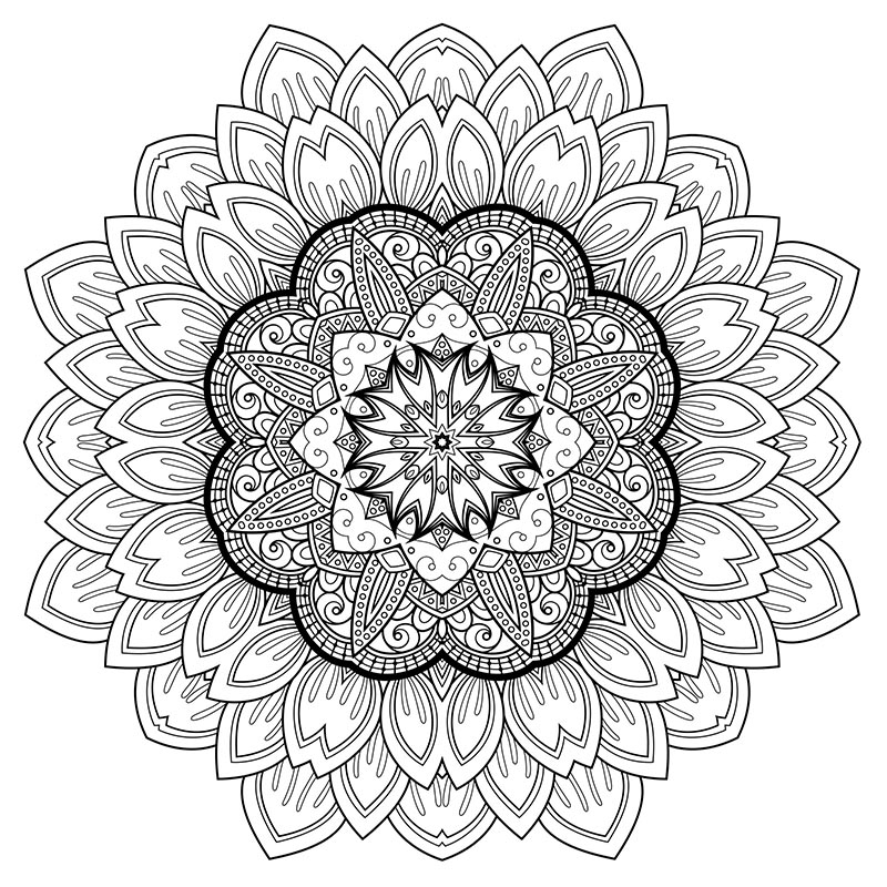 Coloriage d'un mandala floral complexe avec motifs géométriques Coloriage d'un mandala floral complexe avec motifs géométriques