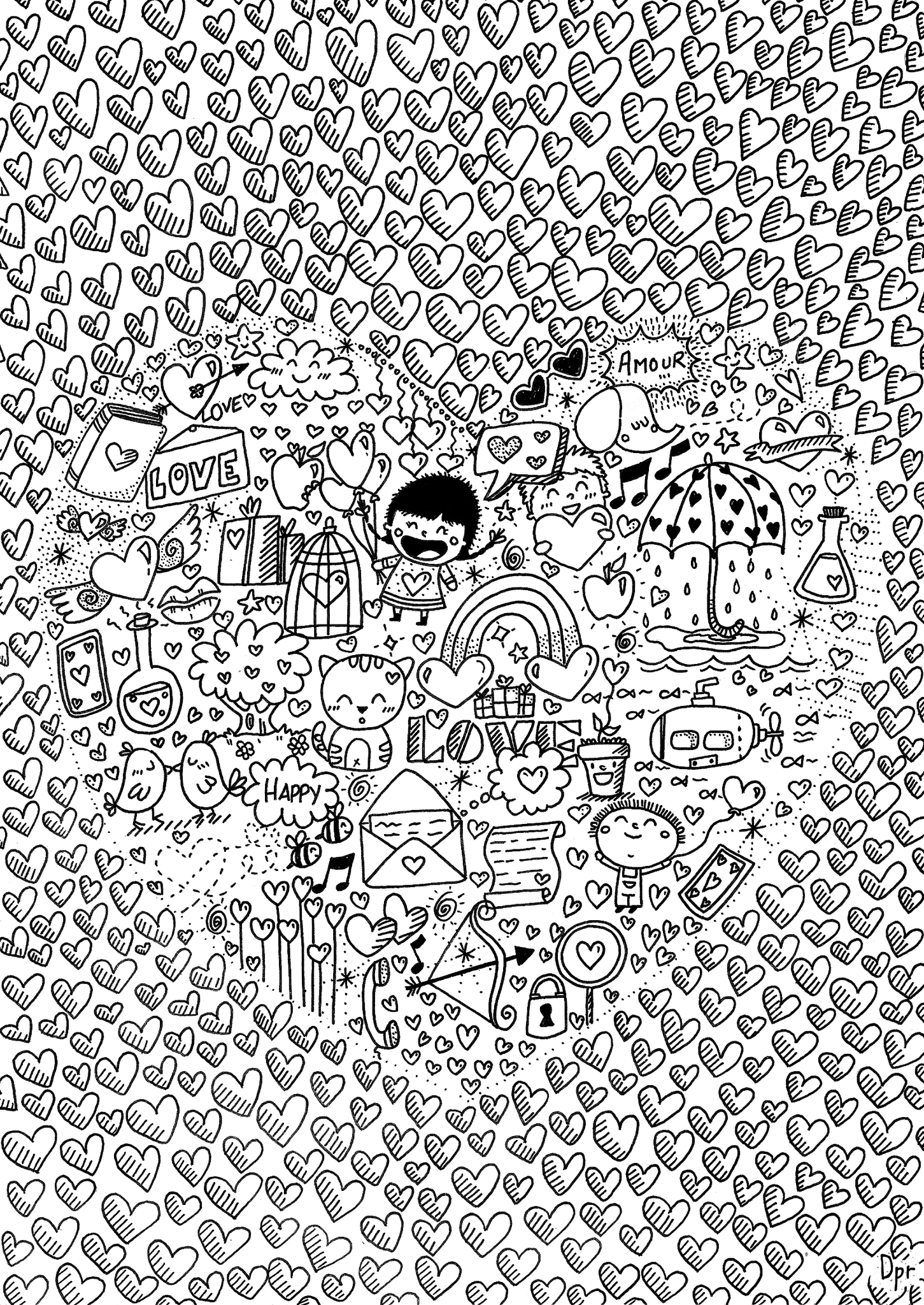 Coloriage d'un jardin luxuriant avec des animaux et des fleurs Coloriage d'un jardin luxuriant avec des animaux et des fleurs