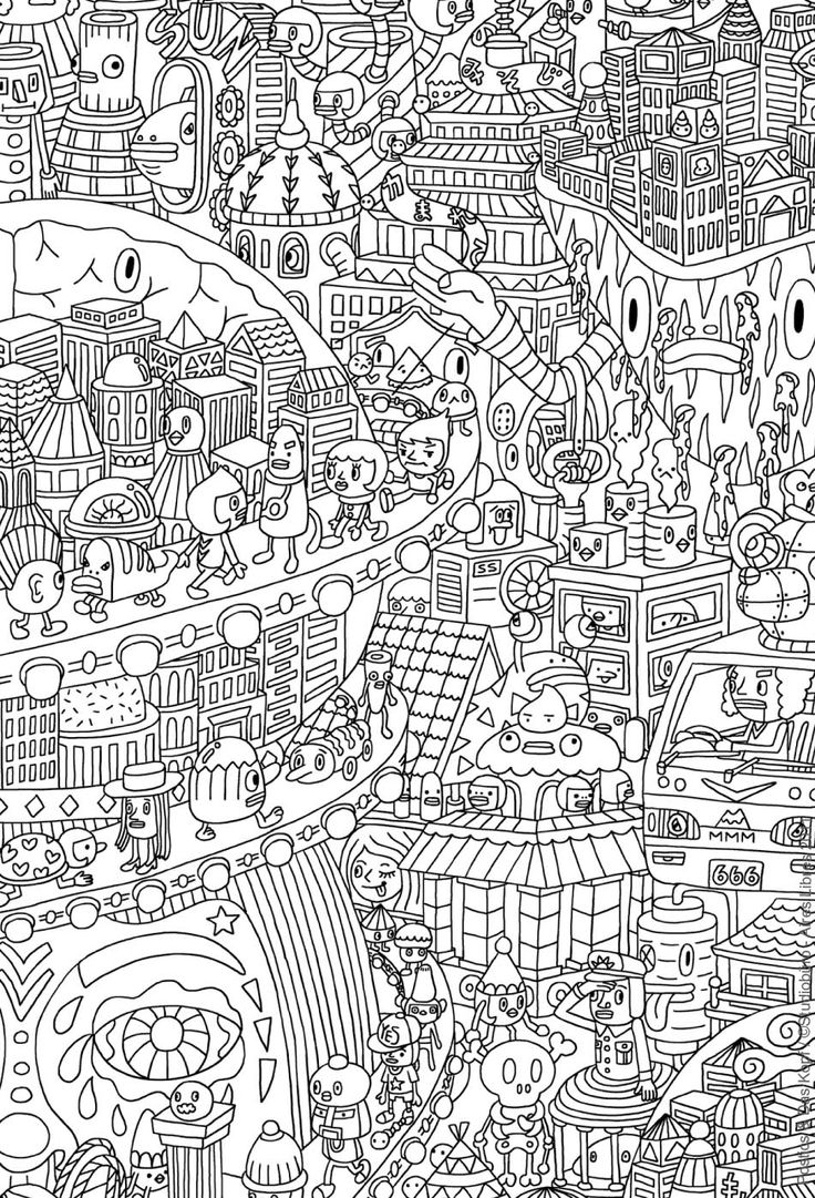 Scène de coloriage : une forêt stylisée peuplée d'animaux imaginaires Scène de coloriage : une forêt stylisée peuplée d'animaux imaginaires