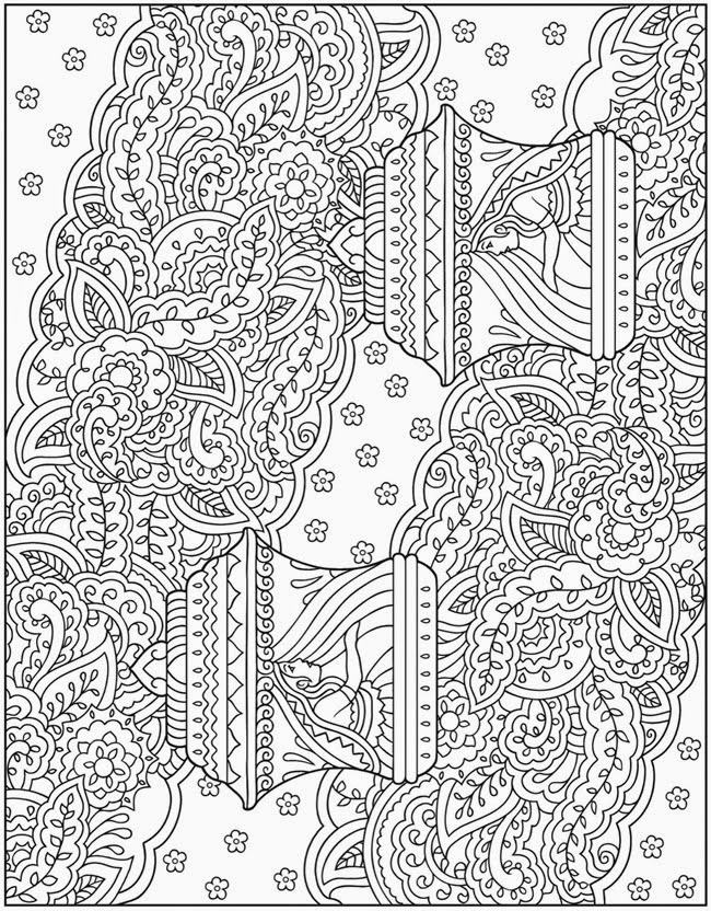 Coloriage d'une scène florale avec oiseaux et motifs géométriques Coloriage d'une scène florale avec oiseaux et motifs géométriques