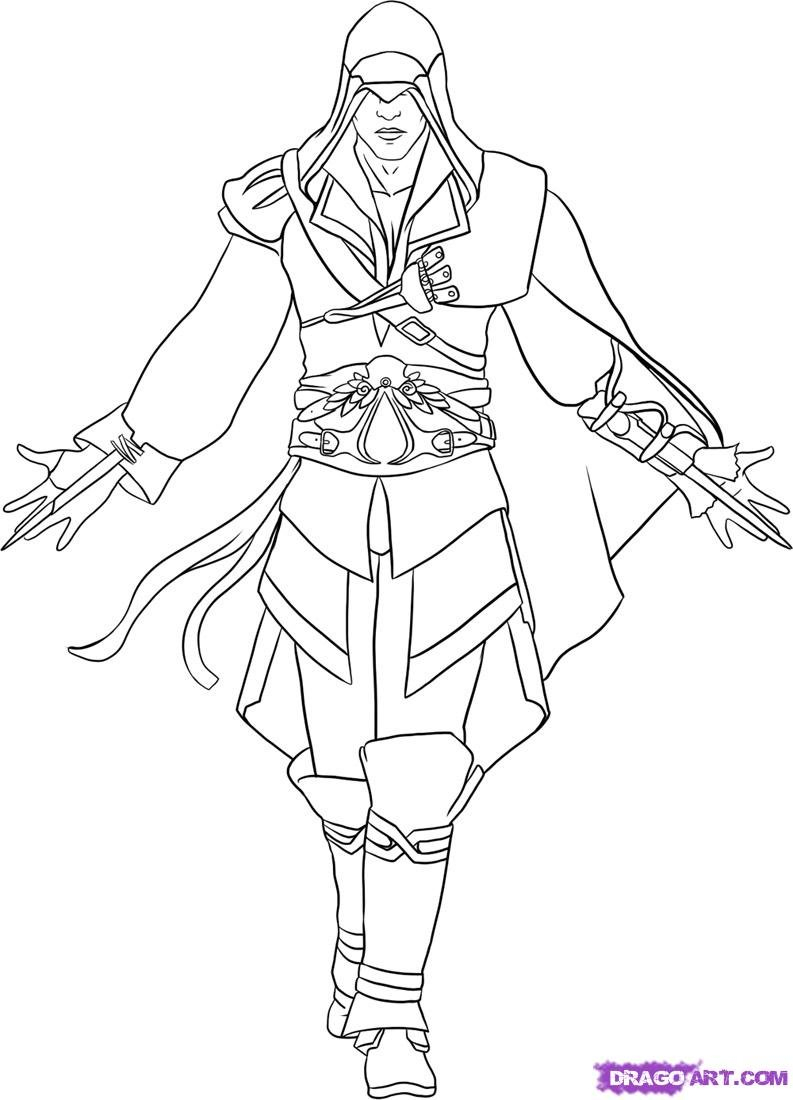 Coloriage d'un personnage d'Assassin's Creed en pleine action