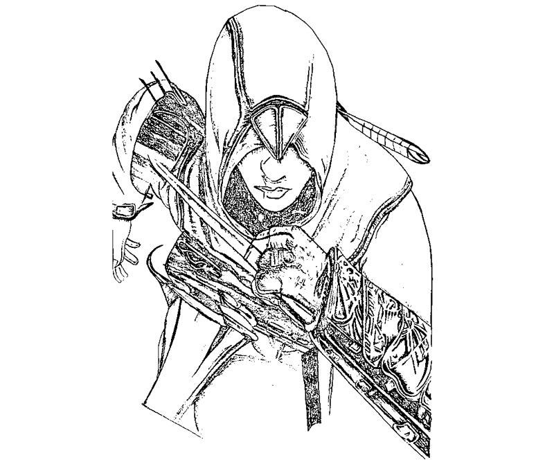 Coloriage d'Assassin's Creed avec un personnage en action sur un fond urbain