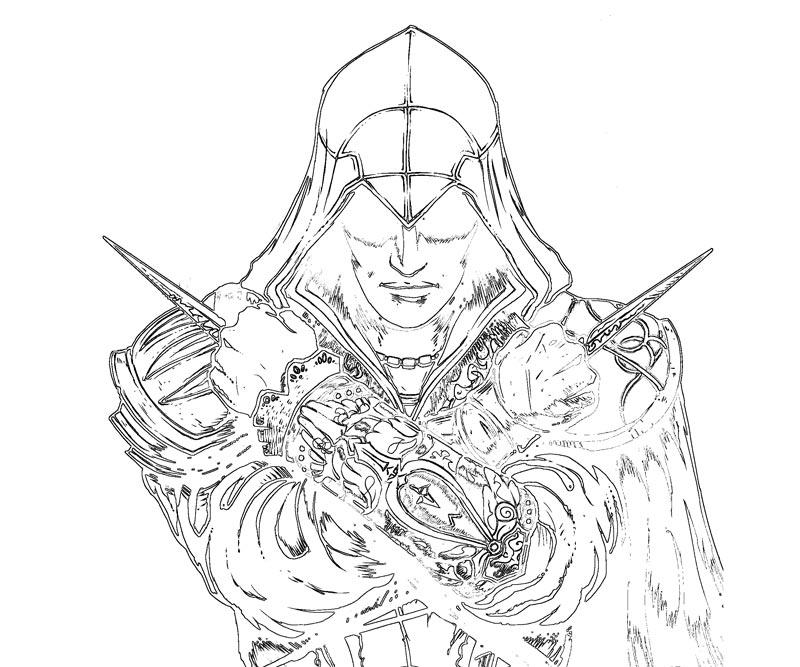 Coloriage d'un personnage d'Assassin's Creed en pleine action sur un fond urbain