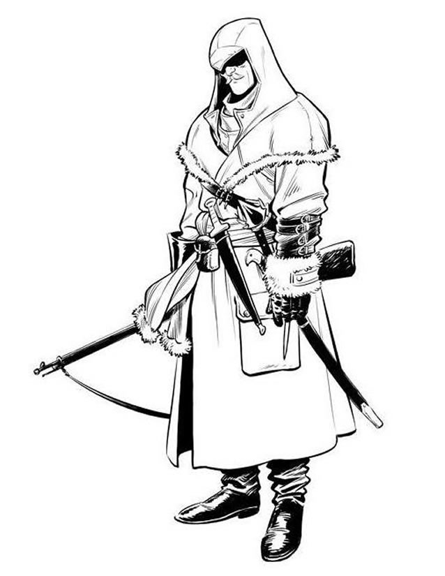 Coloriage d'un personnage d'Assassin's Creed en pleine action