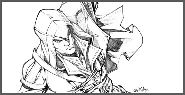 Coloriage d'un personnage d'Assassin's Creed en pleine action