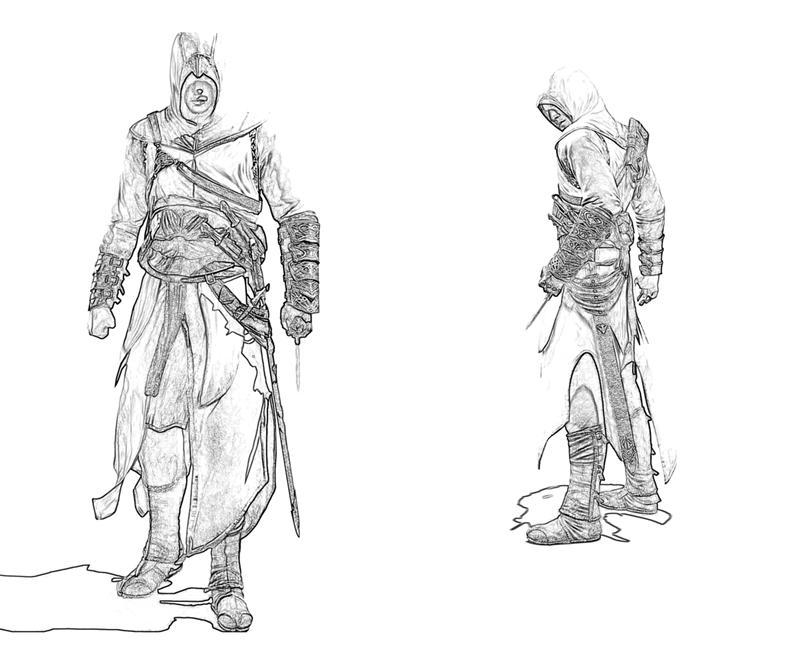 Coloriage d'un personnage emblématique d'Assassin's Creed dans une posture dynamique