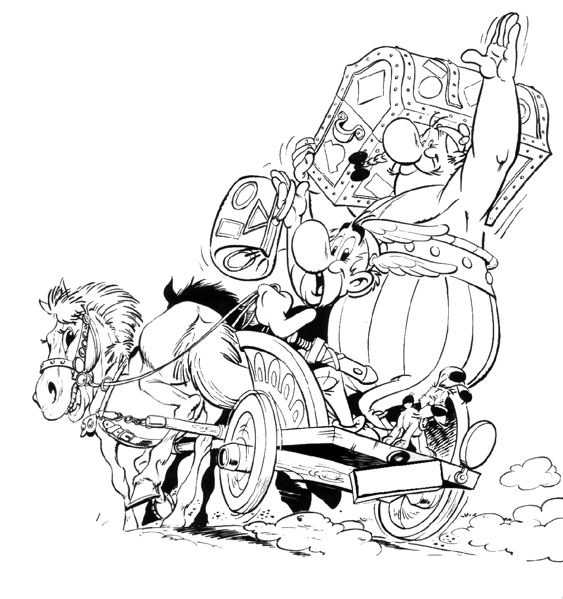 Asterix et Obelix en pleine conversation dans un décor gaulois