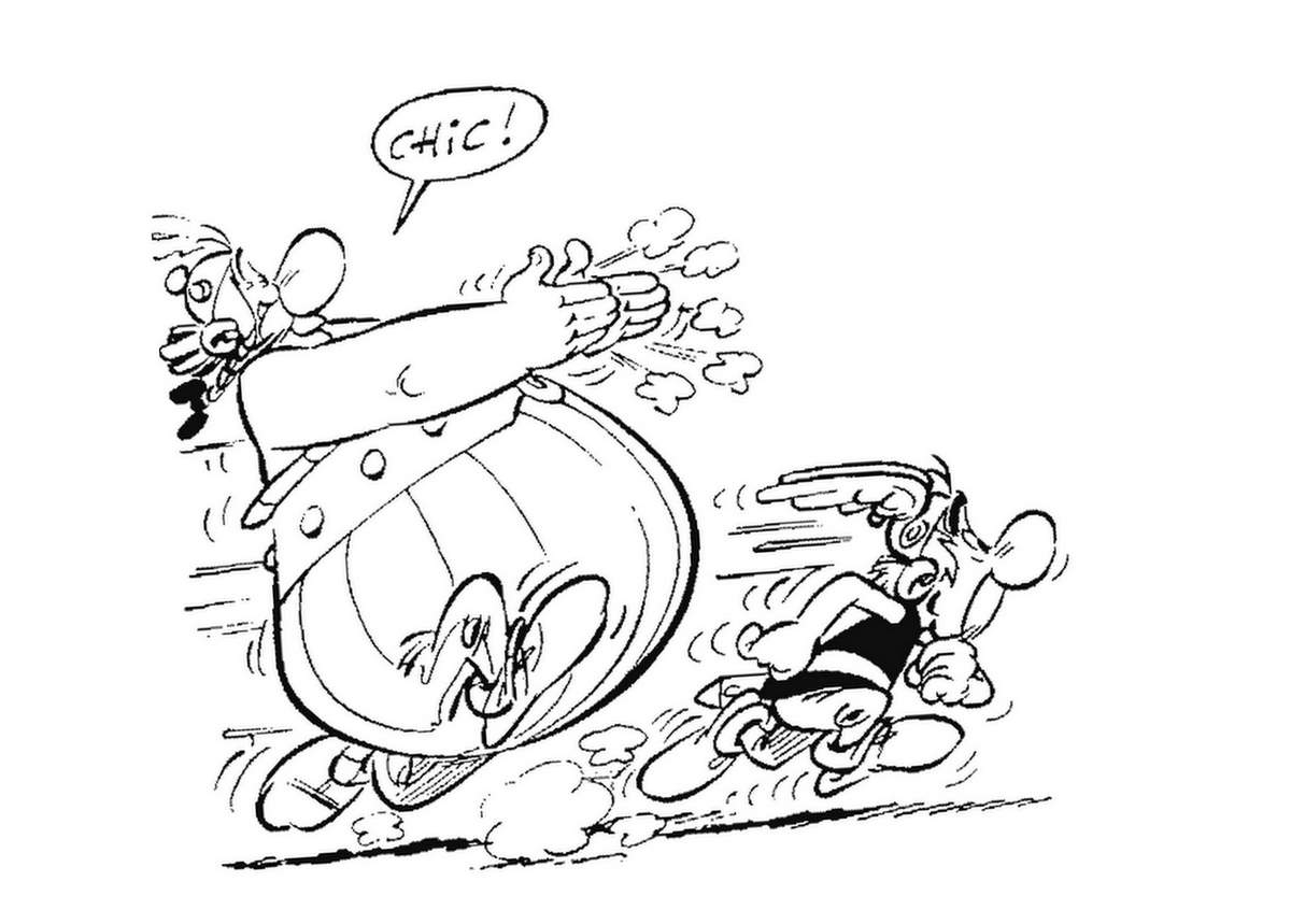 Asterix et Obelix se battent contre des romains dans un décor gaulois