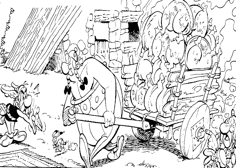 Asterix et Obelix se reposent auprès d'un menhir dans la forêt