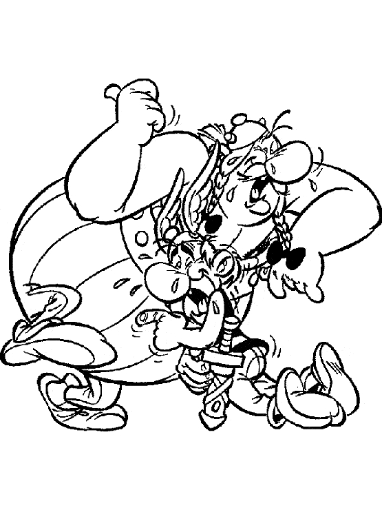 Asterix et Obelix se battent avec un romain dans un décor de village gaulois