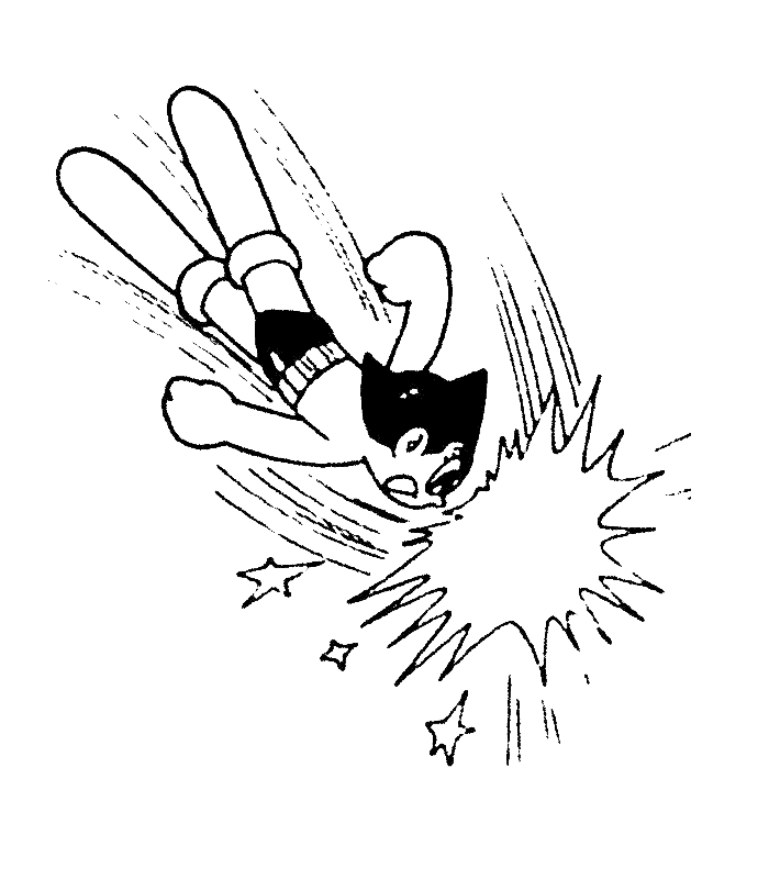 Astroboy en pleine action avec son poing levé dans un paysage futuriste