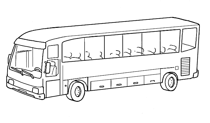 Coloriage d'un autobus en pleine route avec un paysage environnant