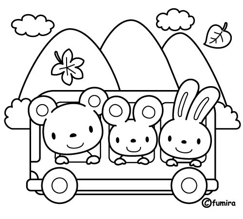 Coloriage d'un autobus sur une route entourée d'arbres
