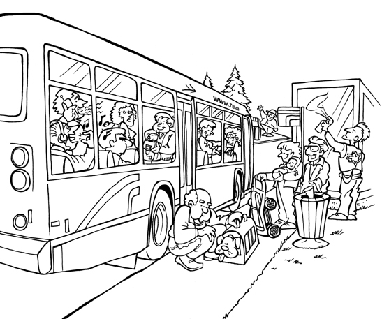 Coloriage d'un autobus sur une route avec des arbres