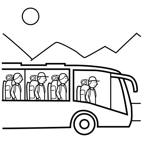 Coloriage d'un autobus en pleine route avec des arbres en arrière-plan