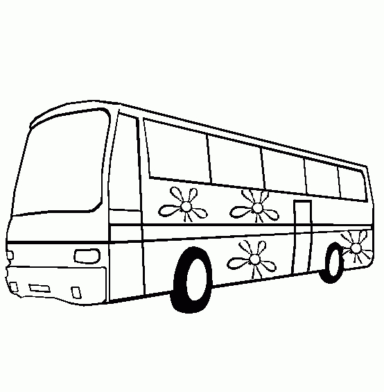 Coloriage d'un autobus en pleine route avec un paysage en arrière-plan