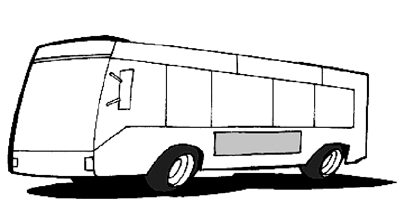 Coloriage d'un autobus en pleine route avec paysage urbain