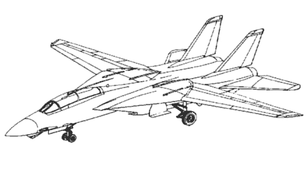 Coloriage d'un avion militaire en vol avec un décor nuageux
