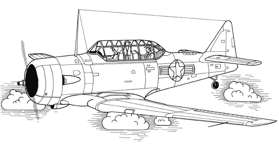 Coloriage d'un avion militaire survolant un paysage nuageux