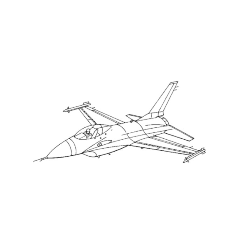 Coloriage d'un avion militaire survolant un paysage nuageux