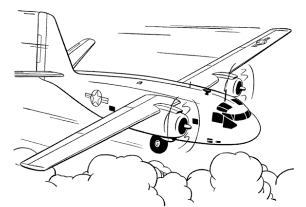 Coloriage d'un avion militaire survolant un paysage