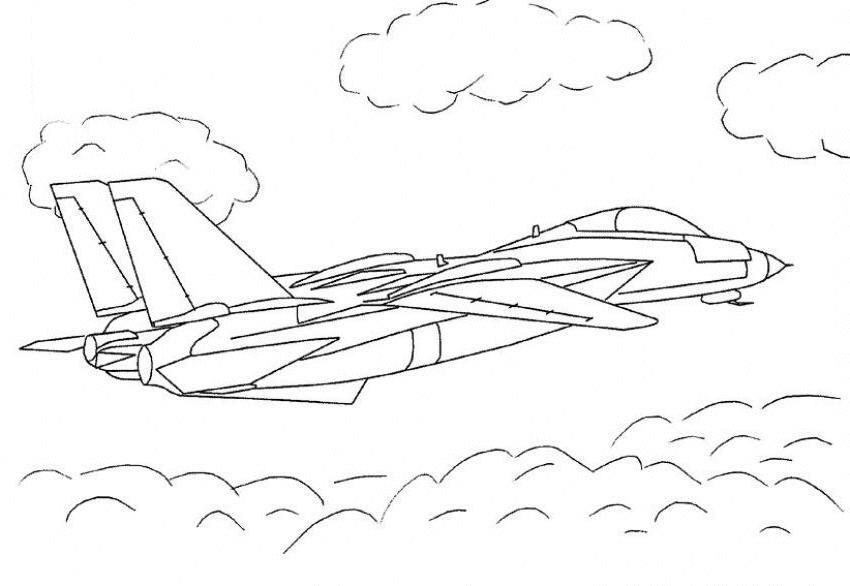 Coloriage d'un avion militaire en vol avec des nuages