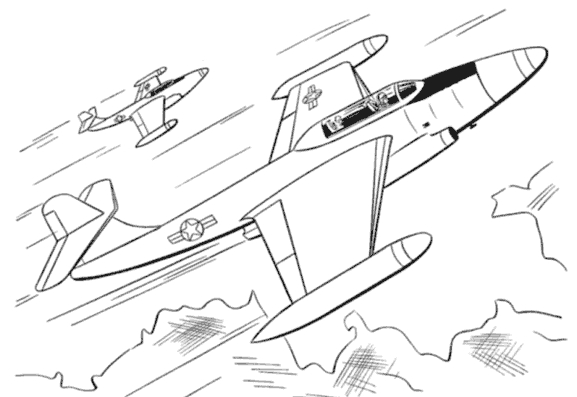 Coloriage d'un avion militaire en vol avec des nuages en arrière-plan