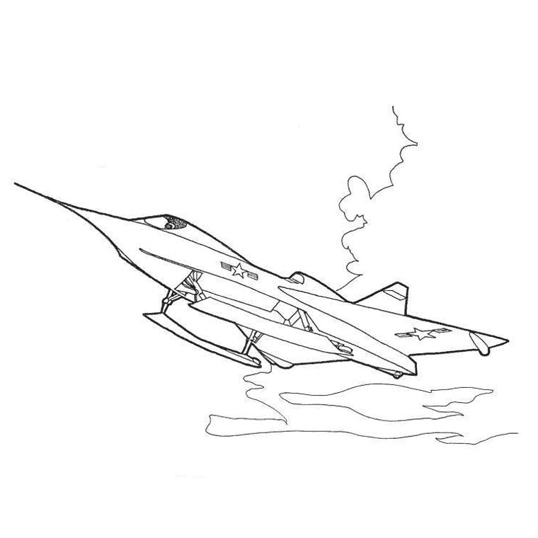 Coloriage d'un avion militaire en vol avec des nuages en arrière-plan