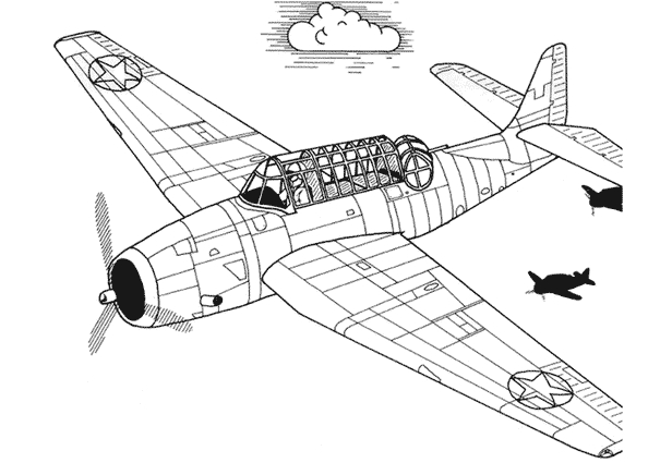 Coloriage d'un avion militaire en vol avec des nuages