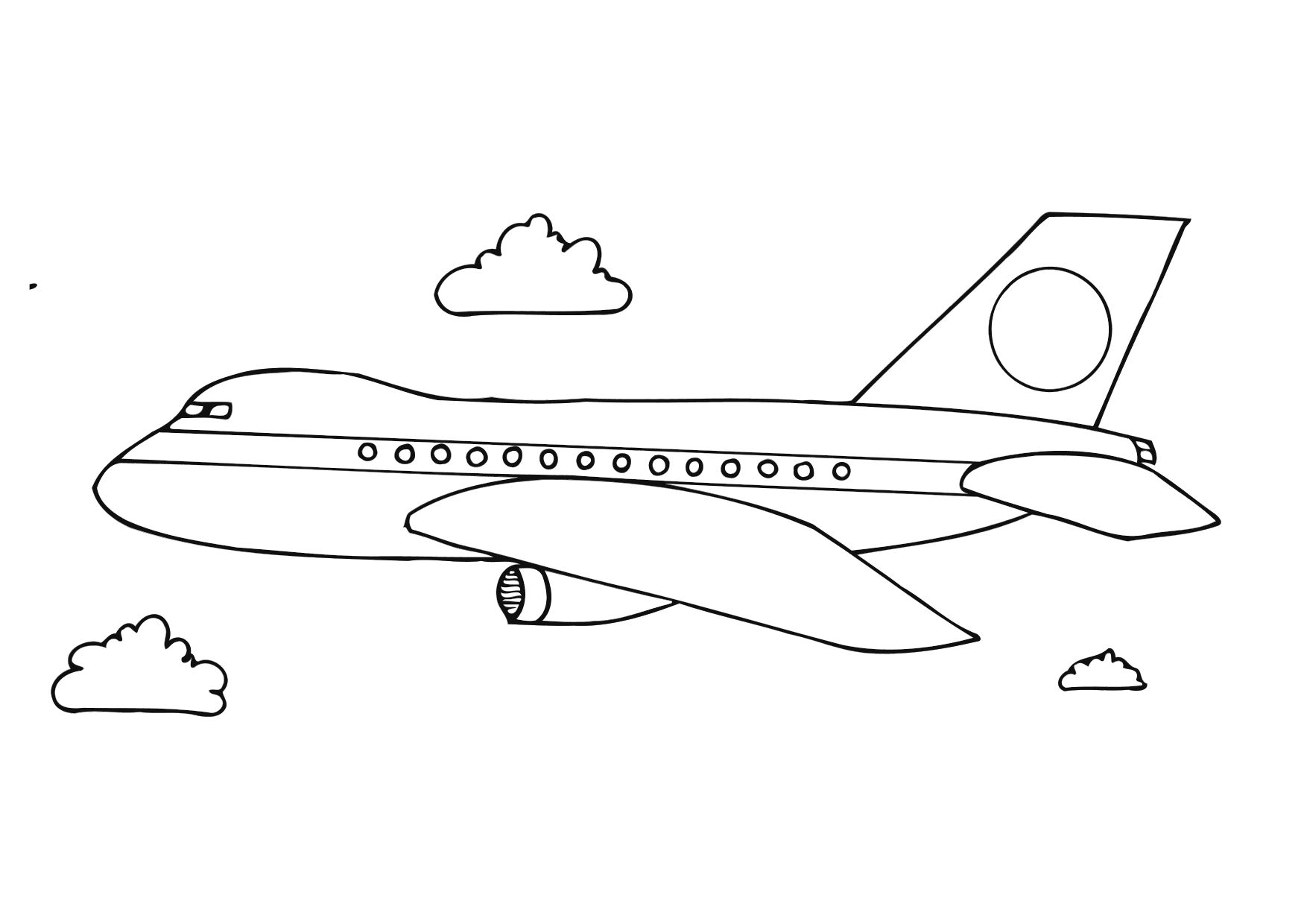 Coloriage d'un avion en plein vol sur fond de nuages