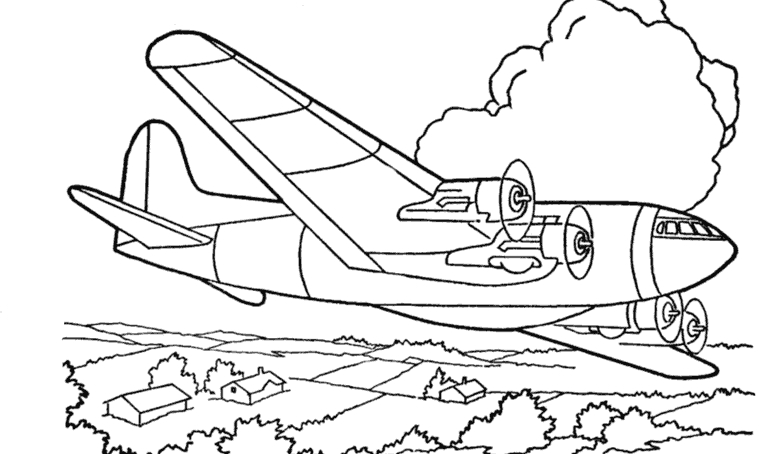 Coloriage d'un avion survolant un paysage
