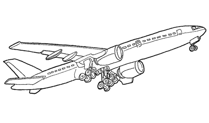Coloriage d'un avion en plein vol avec des nuages en arrière-plan