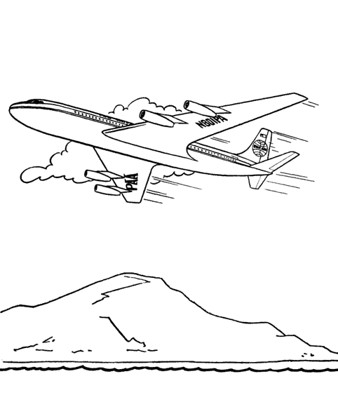 Coloriage d'un avion en plein vol au-dessus des nuages