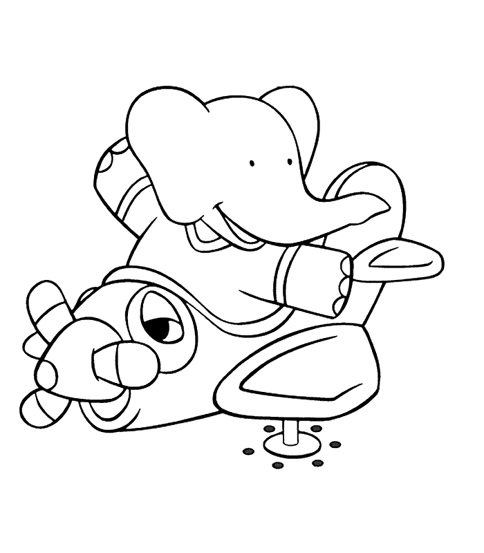 Coloriage de Babar le petit éléphant dans un paysage champêtre