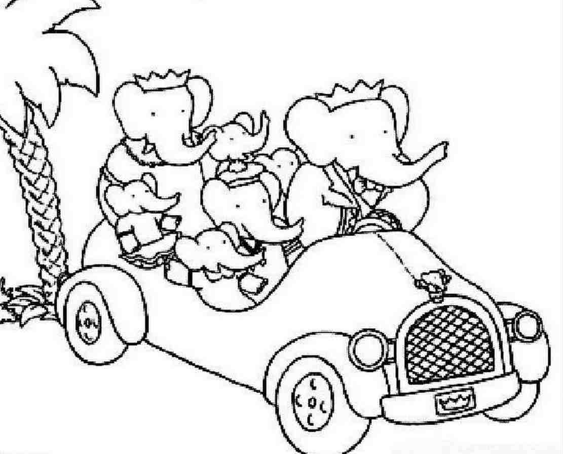 Coloriage de Babar l’éléphant en train de marcher dans la forêt