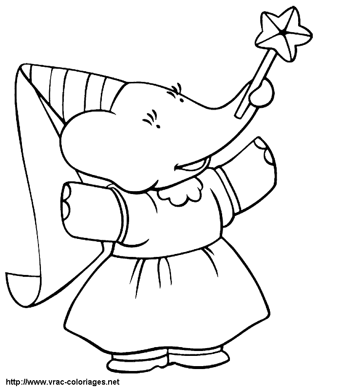 Coloriage de Babar le roi éléphant dans un paysage forestier