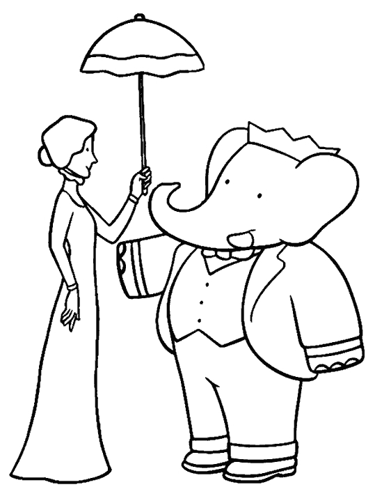 Coloriage de Babar, l'éléphant royal, dans un cadre naturel