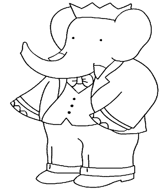 Coloriage de Babar, le roi des éléphants en train de marcher dans la forêt