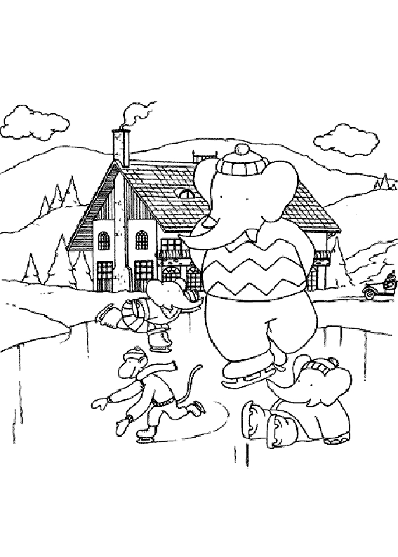 Coloriage de Babar le roi éléphant dans un décor joyeux