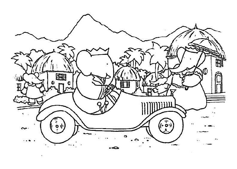 Coloriage de Babar le roi des éléphants dans un décor naturel