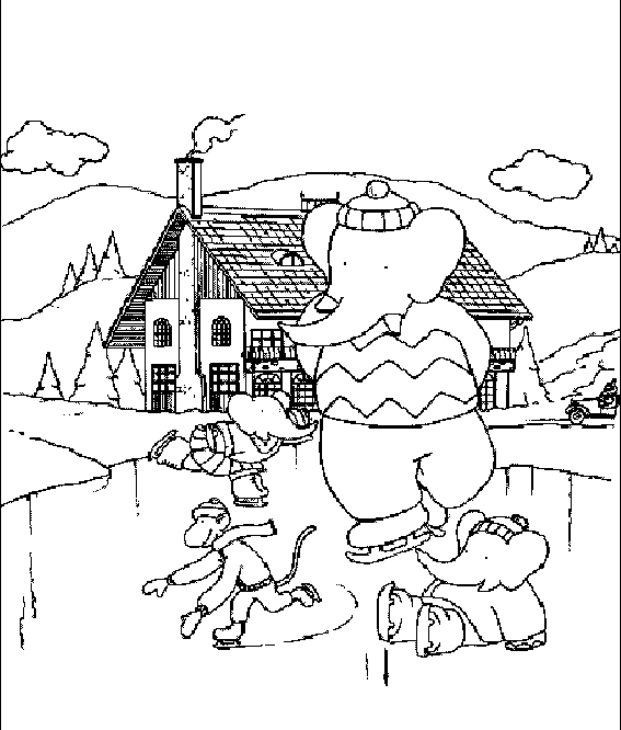 Babar, l'éléphant royal, dans une scène de jardin