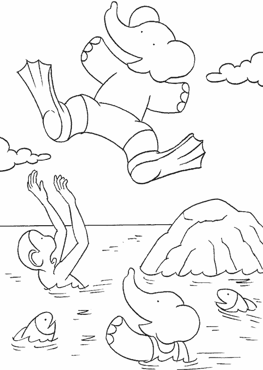 Babar dans un paysage naturel avec des arbres et des fleurs