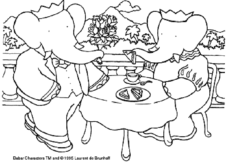 Babar en train de marcher avec un jeune éléphant dans un paysage naturel