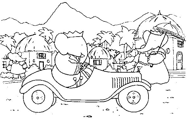 Coloriage de Babar, l'éléphant roi, en pleine aventure