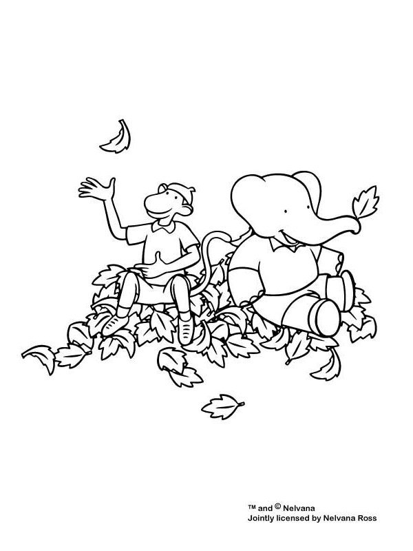 Coloriage de Babar, l'éléphant, dans une scène joyeuse