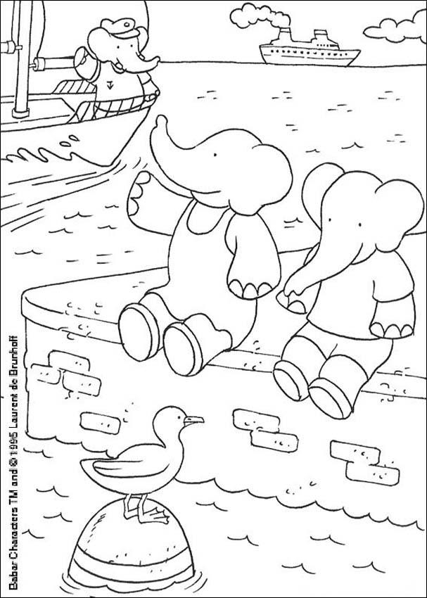 Coloriage de Babar, l'éléphant royal, en pleine promenade