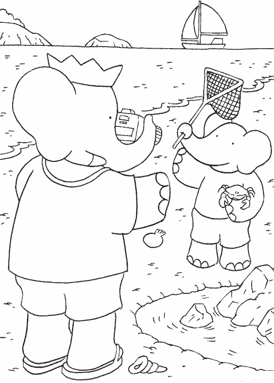 Coloriage de Babar, l'éléphant royal en promenade dans la nature