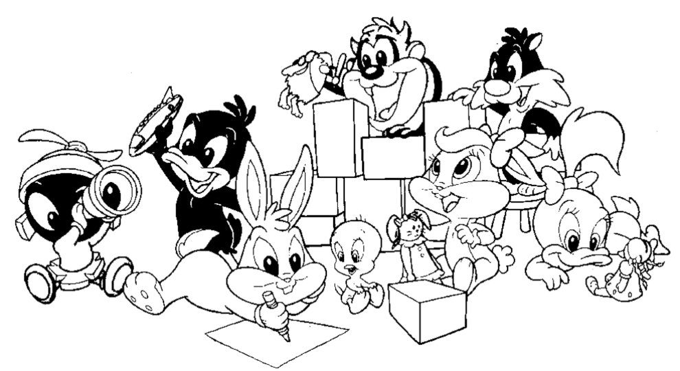 Coloriage de bébés personnages de Looney Tunes dans un décor ludique